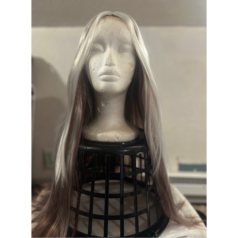 Long Straight Two-Tone Wig - Silver & Brown